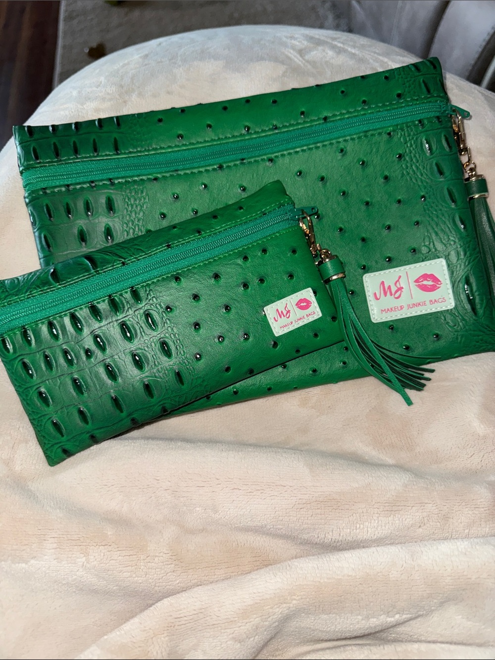 Makeup Junkie Top Zip Bags Emerald Green Faux-Ostrich Travel Pouch Set
